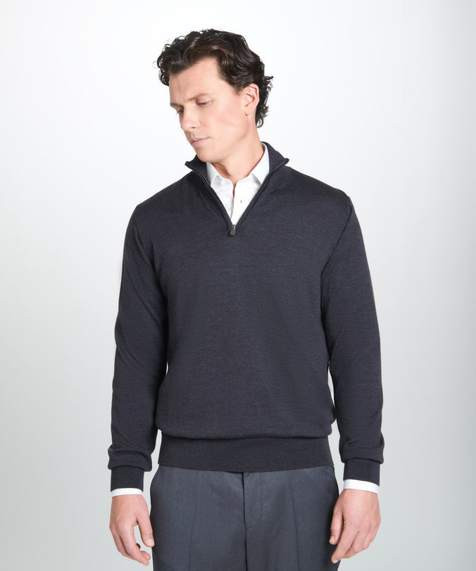 Grey Merino Wool Zip Neck Sweater