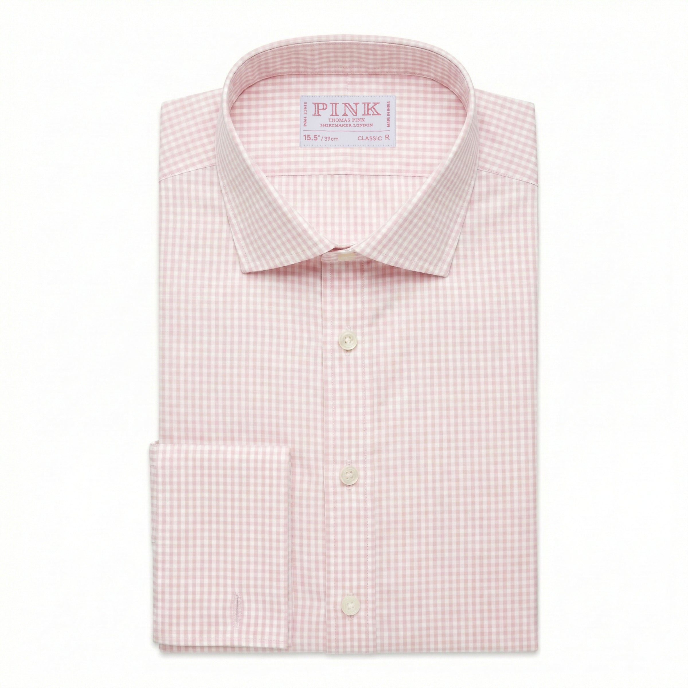 Camisa Formal Essential de Cuadros Gingham Corte Clásico con Puño Doble Rosa Pálido y Blanco