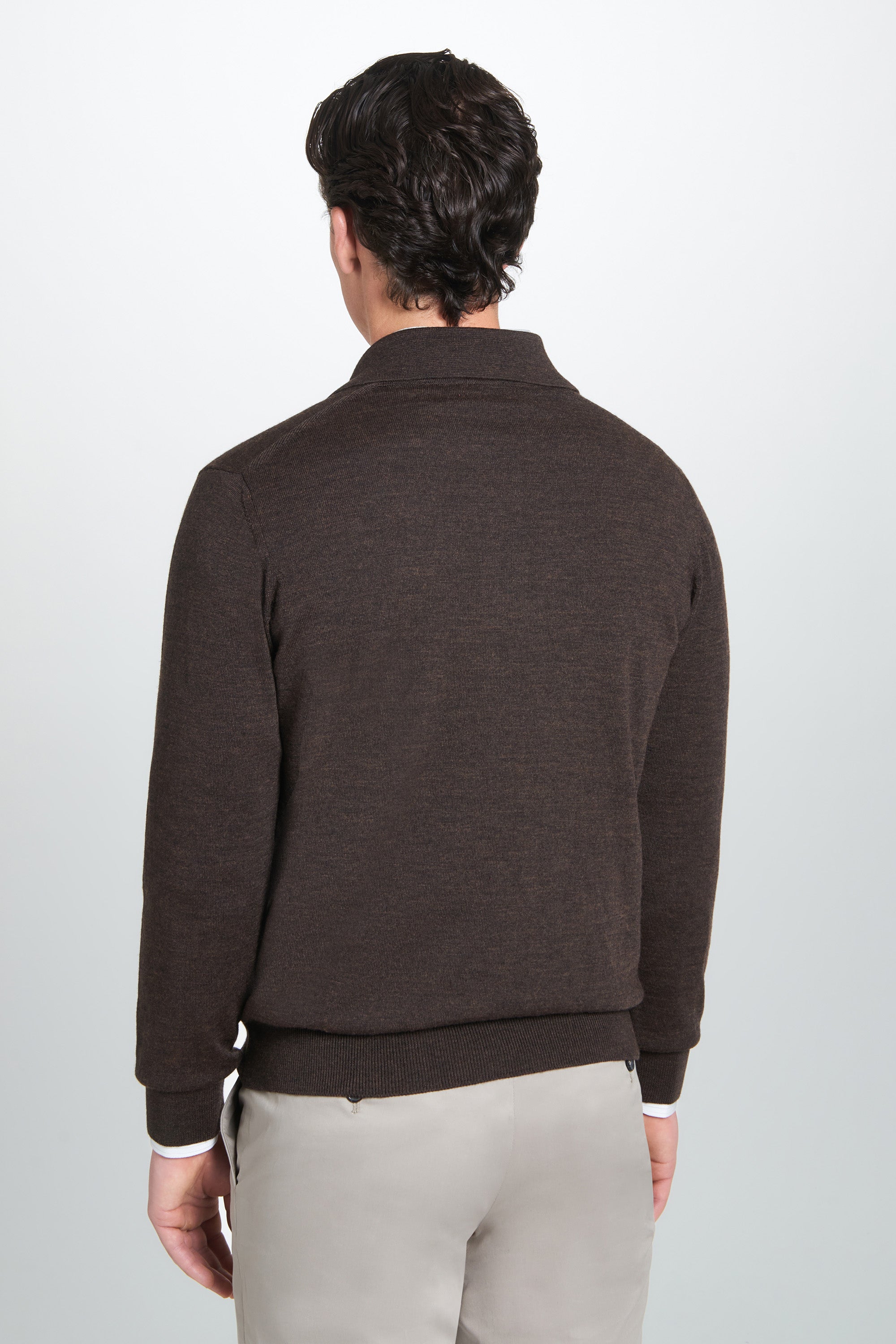Chocolate Merino Wool Long Sleeve Polo Shirt