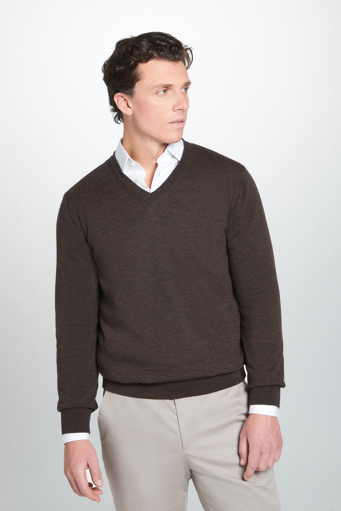 Chocolate Merino Wool V-Neck Sweater