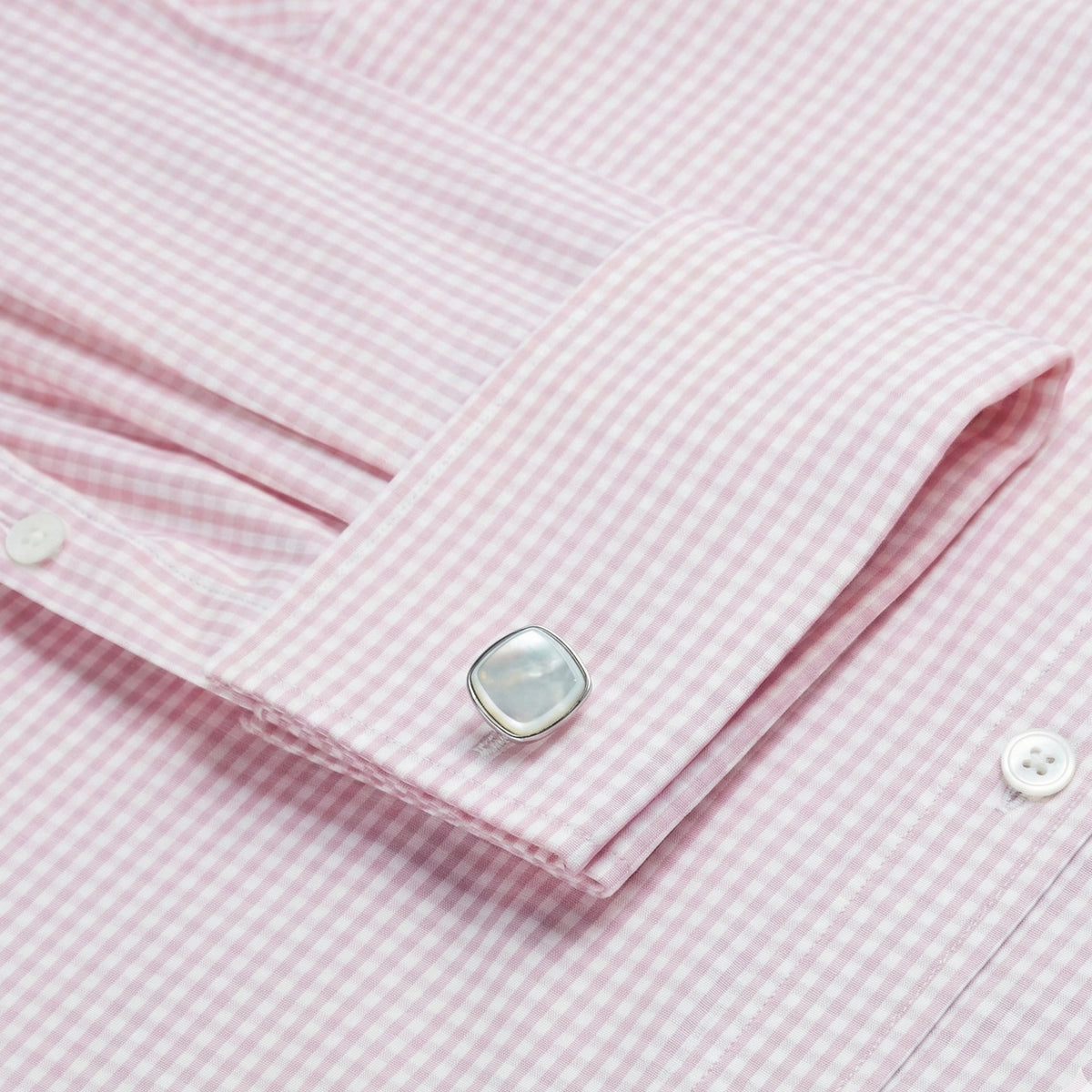 Camisa Formal Essential de Cuadros Gingham Corte Clásico con Puño Doble Rosa Pálido y Blanco