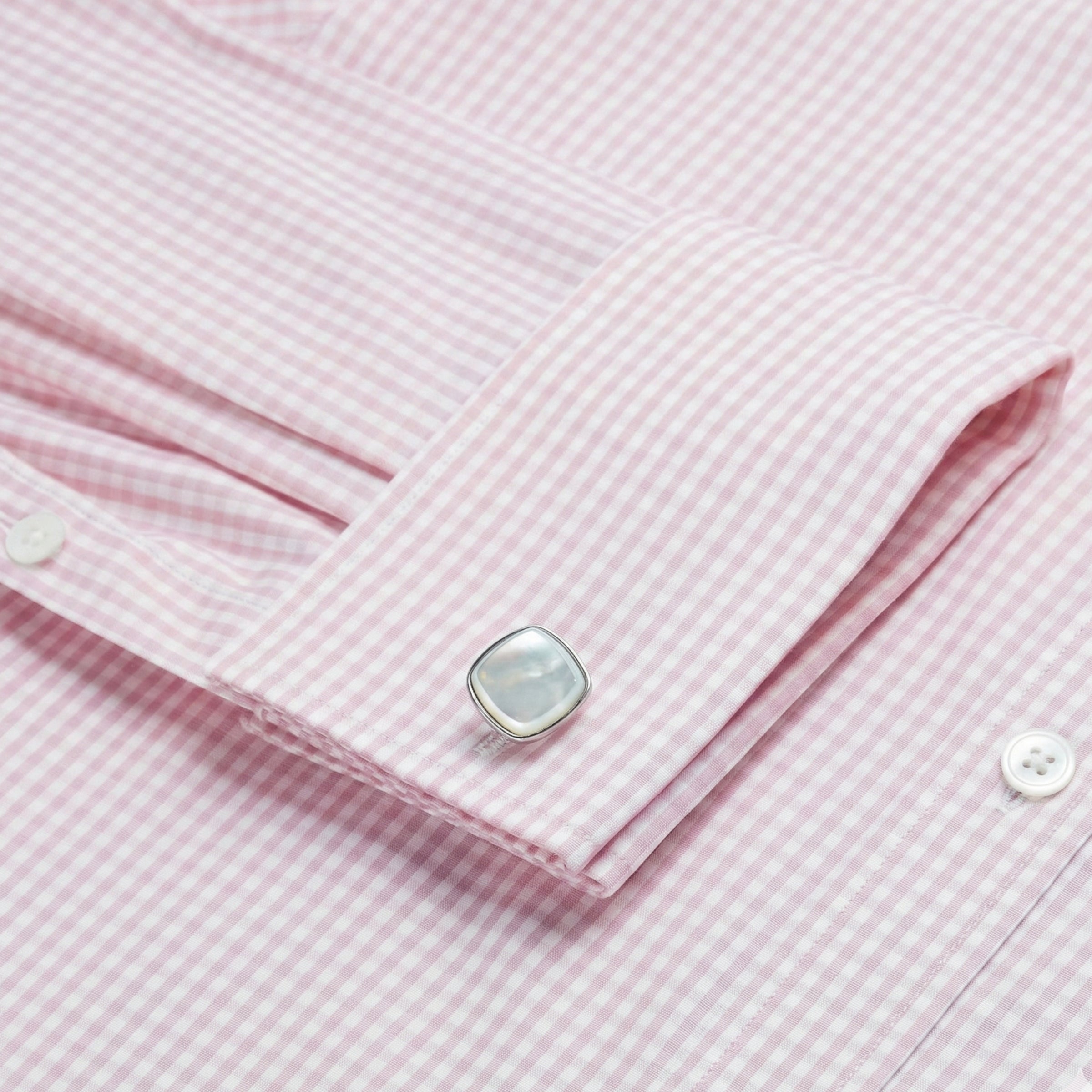 Camisa Formal Essential de Cuadros Gingham Corte Clásico con Puño Doble Rosa Pálido y Blanco