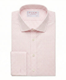 Camisa Formal Essential de Cuadros Gingham Slim Fit con Puño Doble Rosa Pálido y Blanco