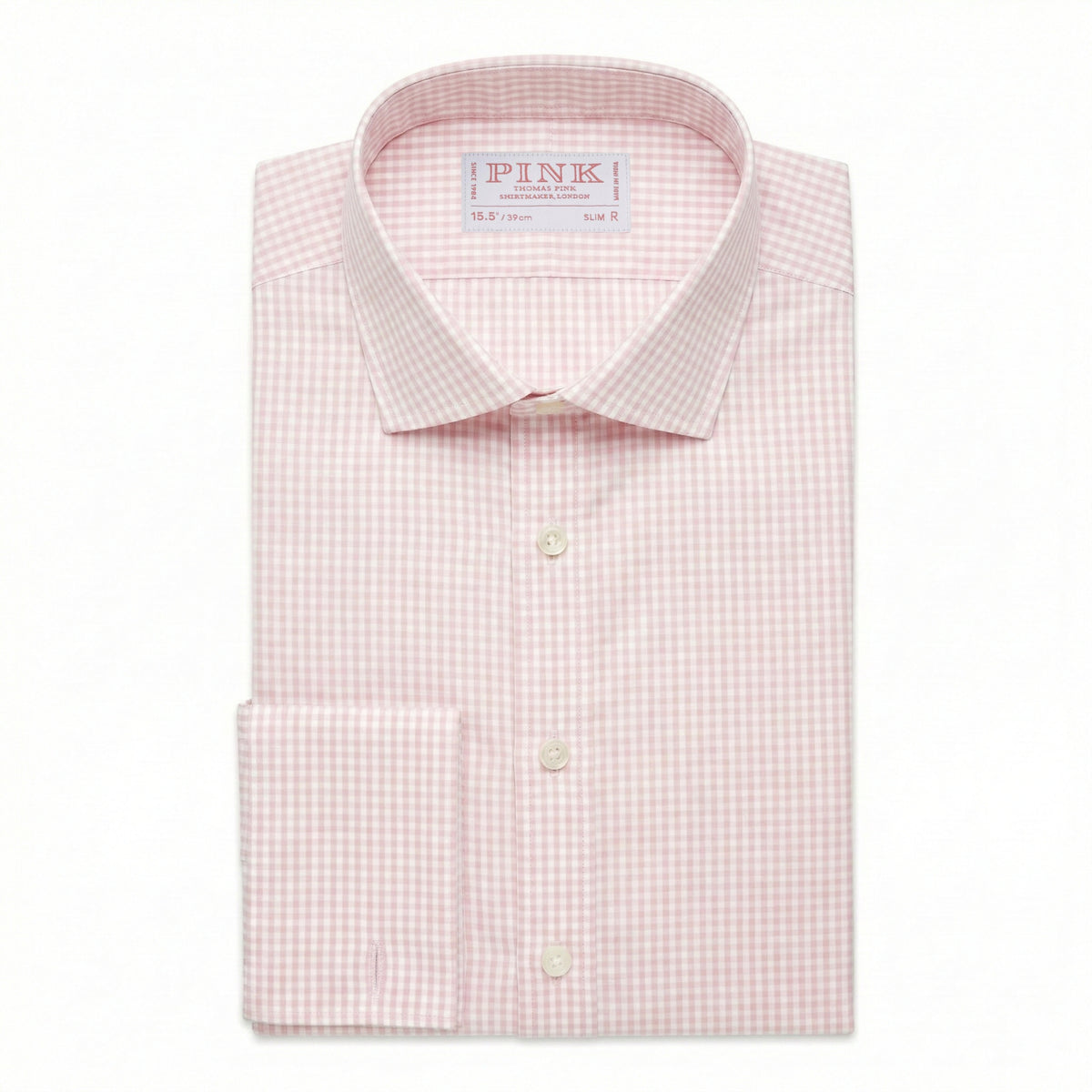 Camisa Formal Essential de Cuadros Gingham Slim Fit con Puño Doble Rosa Pálido y Blanco