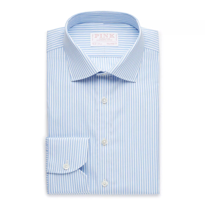 Pale Blue & White Tailored Fit Poplin Bengal Stripe Formal Shirt