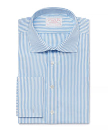 Pale Blue & White Tailored Fit Double Cuff Poplin Bengal Stripe Formal Shirt