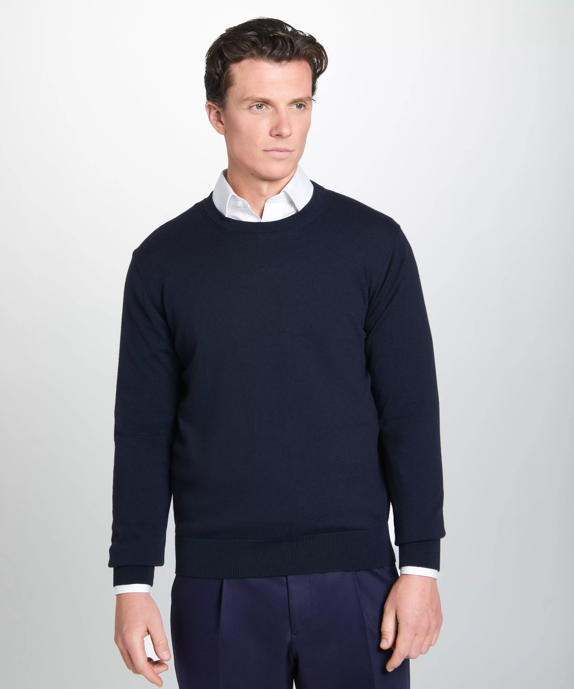 Navy Blue Merino Wool Crew Neck Sweater