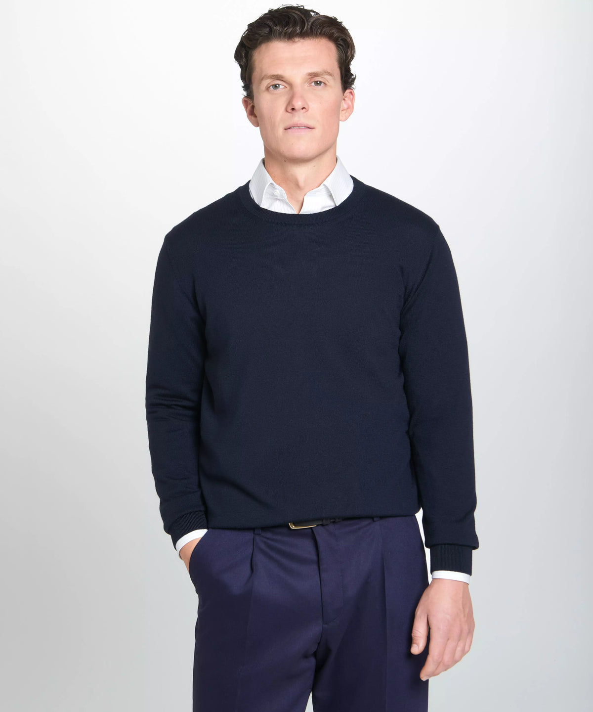 Navy Blue Merino Wool Crew Neck Sweater