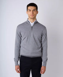 Pale Grey Merino Wool Zip Neck Sweater