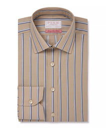 Beige & Blue Classic Fit Twill Multi Stripe Formal Shirt