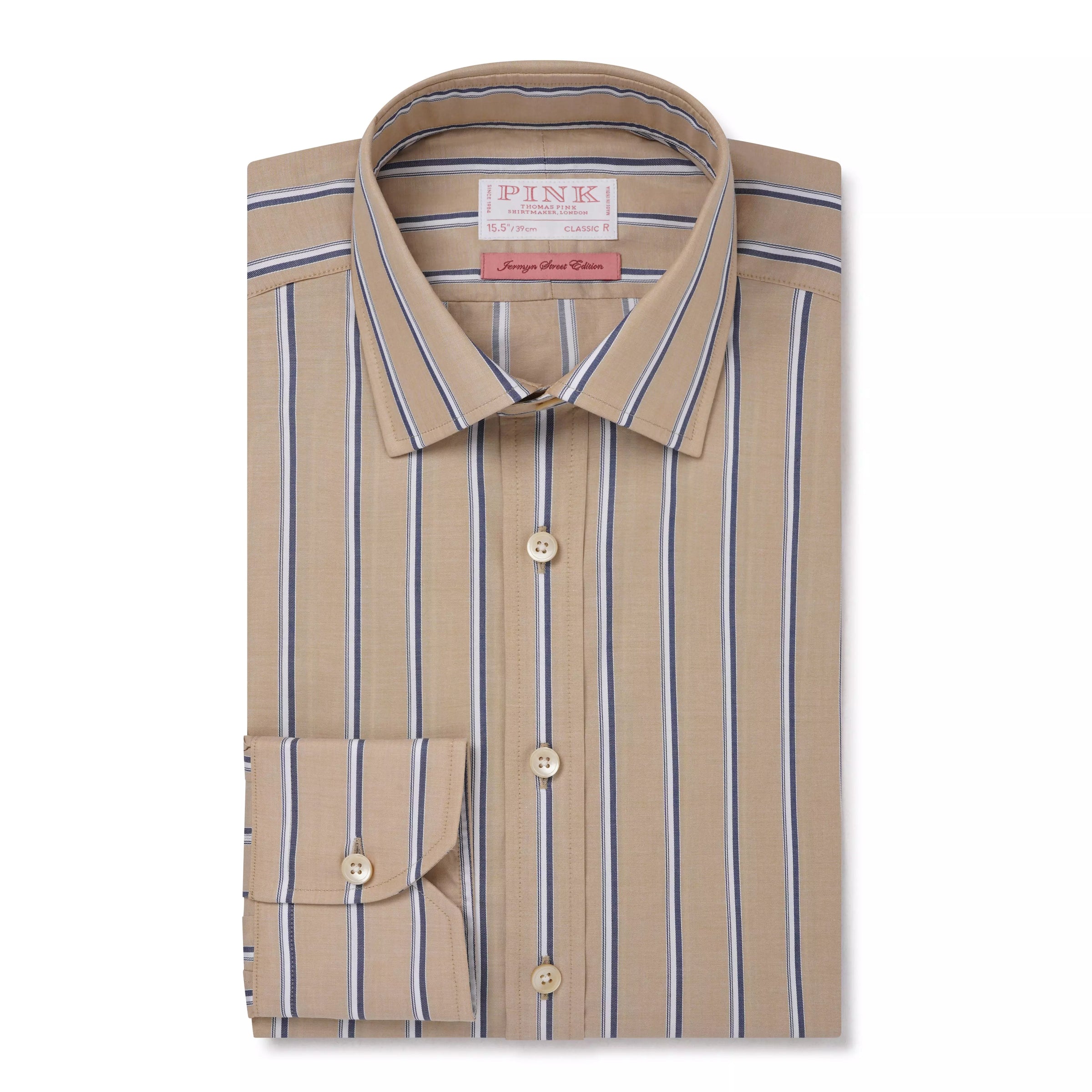 Beige & Blue Classic Fit Twill Multi Stripe Formal Shirt