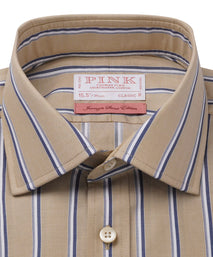 Beige & Blue Classic Fit Twill Multi Stripe Formal Shirt