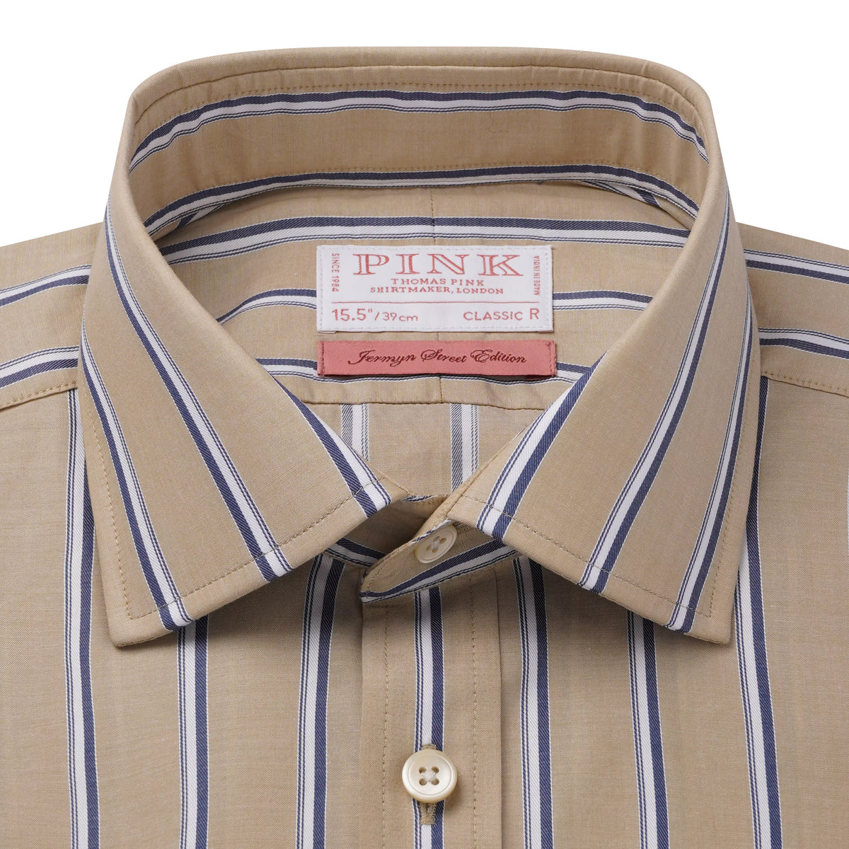 Beige & Blue Classic Fit Twill Multi Stripe Formal Shirt