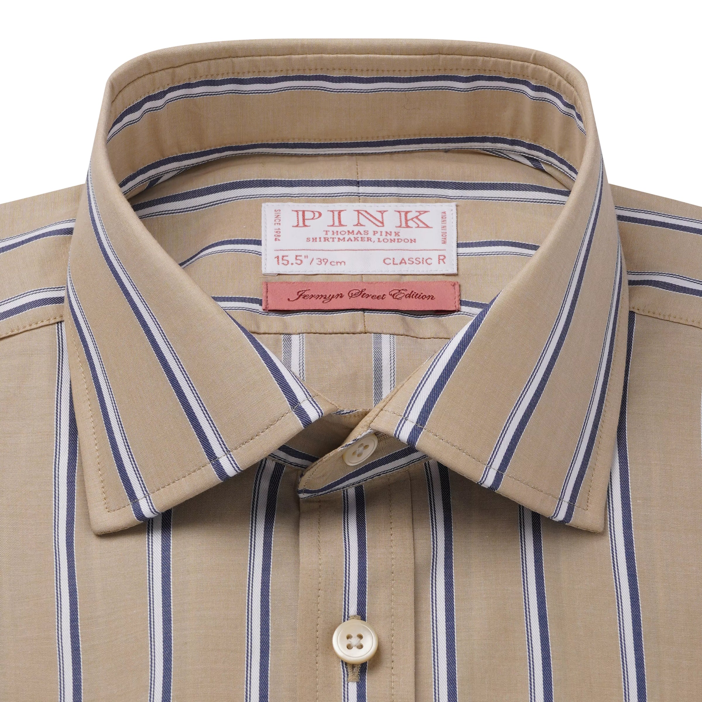 Beige & Blue Classic Fit Twill Multi Stripe Formal Shirt
