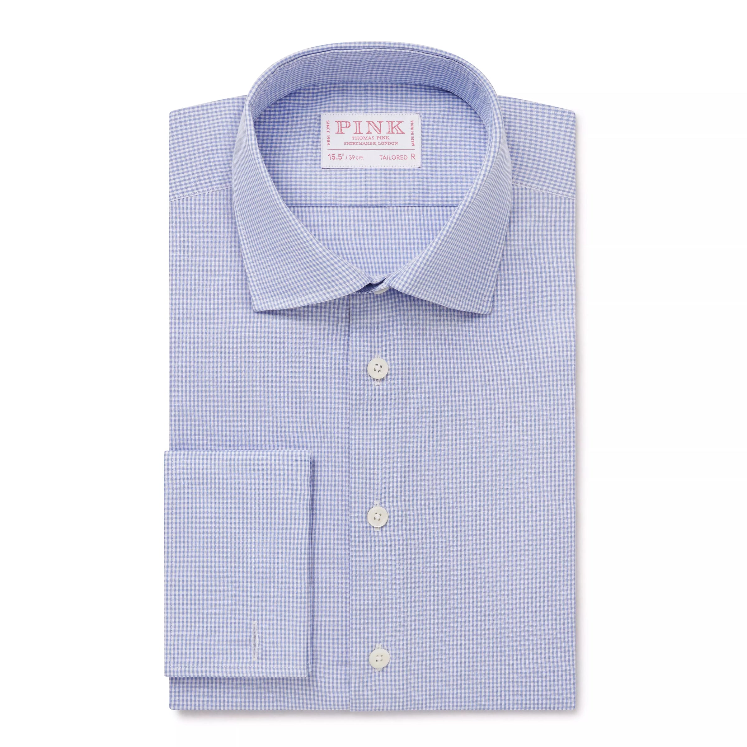 Blue & White Tailored Fit Formal Double Cuff Mini Check Shirt