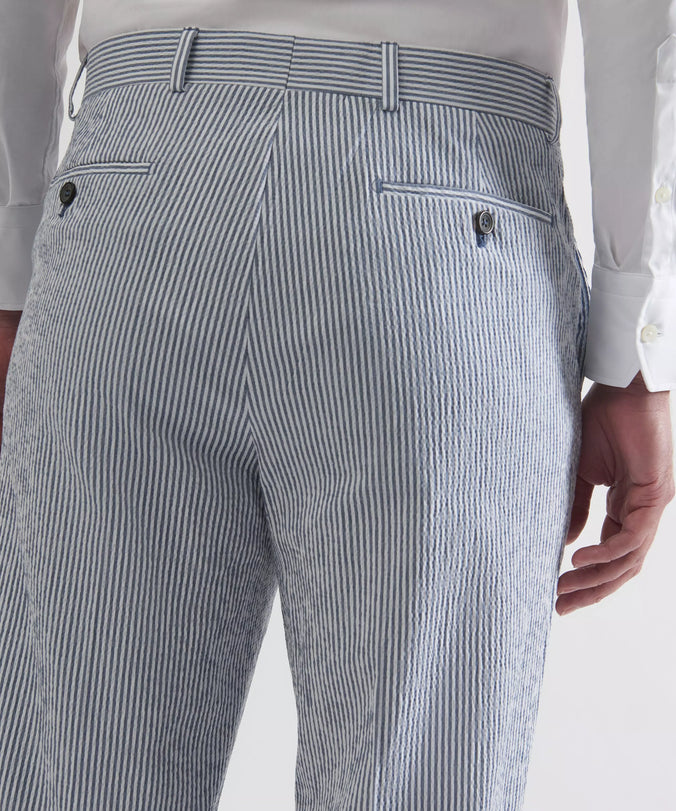 White & Navy Tailored Fit Stripe Seersucker Flat Front Trouser