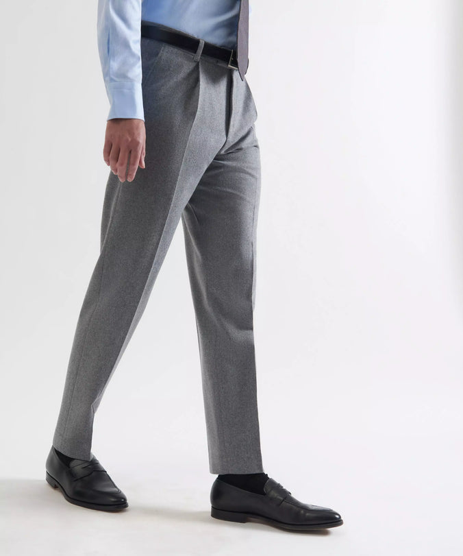 Grey Tailored Fit Merino Wool Pleated Trousers